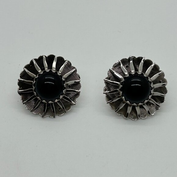 Sarah Coventry Vintage "Black Beauty" Silver-Tone Clip-On Earrings W/ Black Cabo - Picture 10 of 10